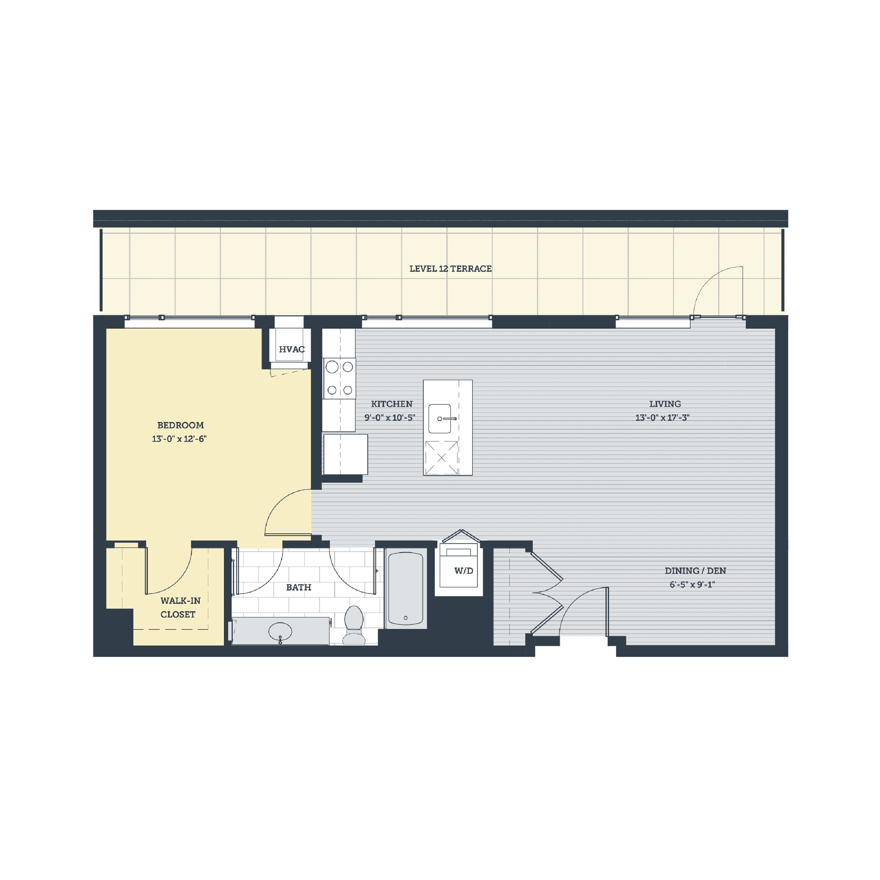 Floor plan for 1 bed, 1 bath, 856 sqft